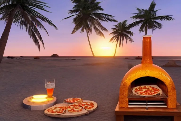a wood fired pizza oven on a tropical beach, pizza, Stable Diffusion
