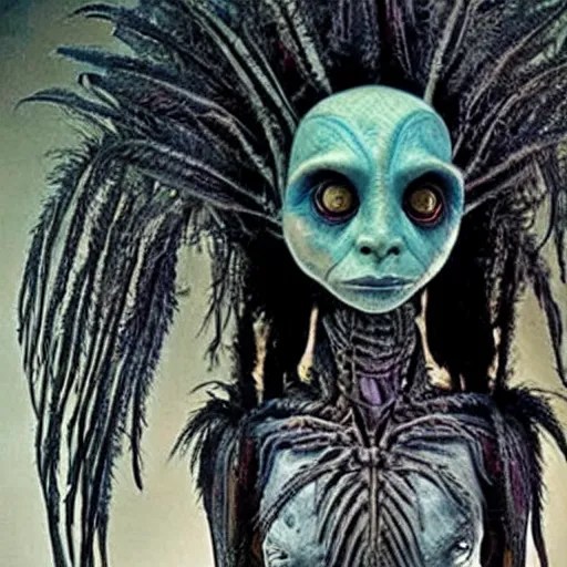 humanoid alien species with human face, black feathers Stable