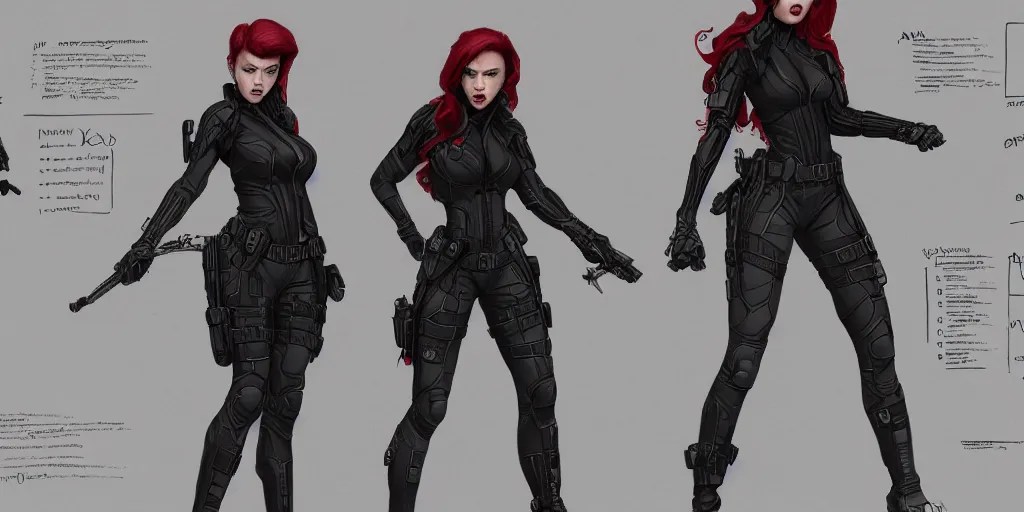 black widow, character sheet, concept design, Stable Diffusion