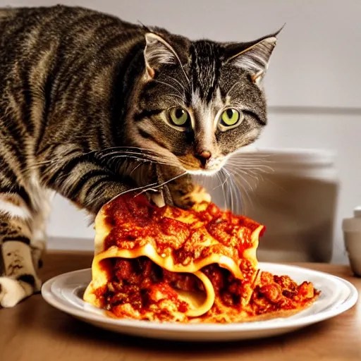 Cat eating lasagna of the kitchen table, Stable Diffusion OpenArt