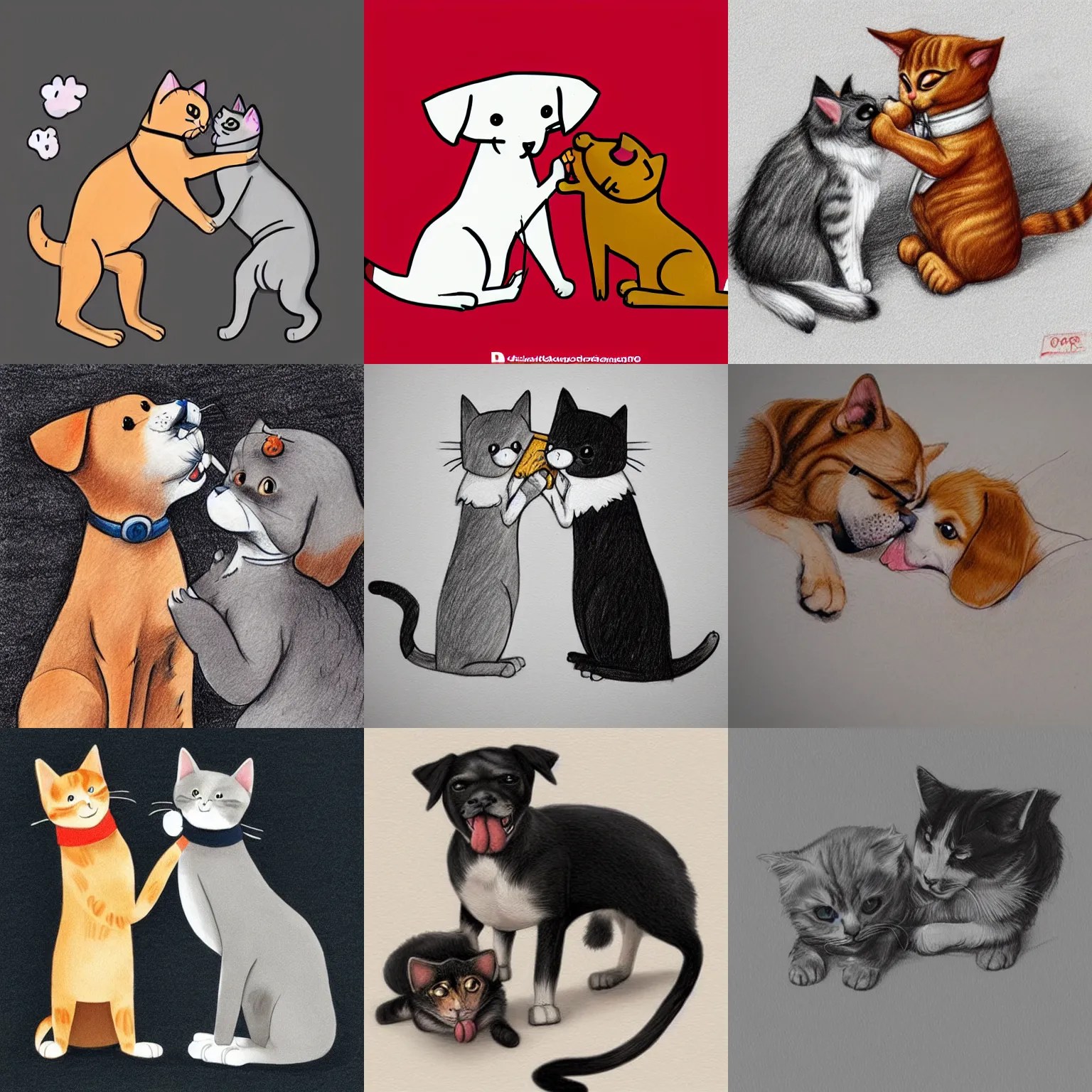 cat and dog licking each other, cute drawing, concept Stable