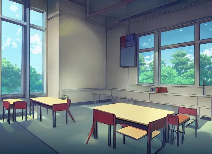 Anime classroom, empty, digital art, background, soft Stable