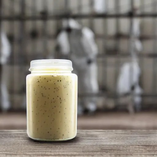 a jar of mayonnaise wearing a prison uniform in a Stable Diffusion
