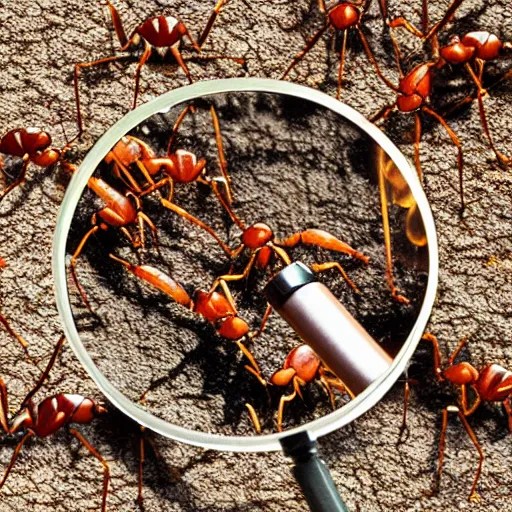 ants using magnifying glass to set humans on fire Stable Diffusion