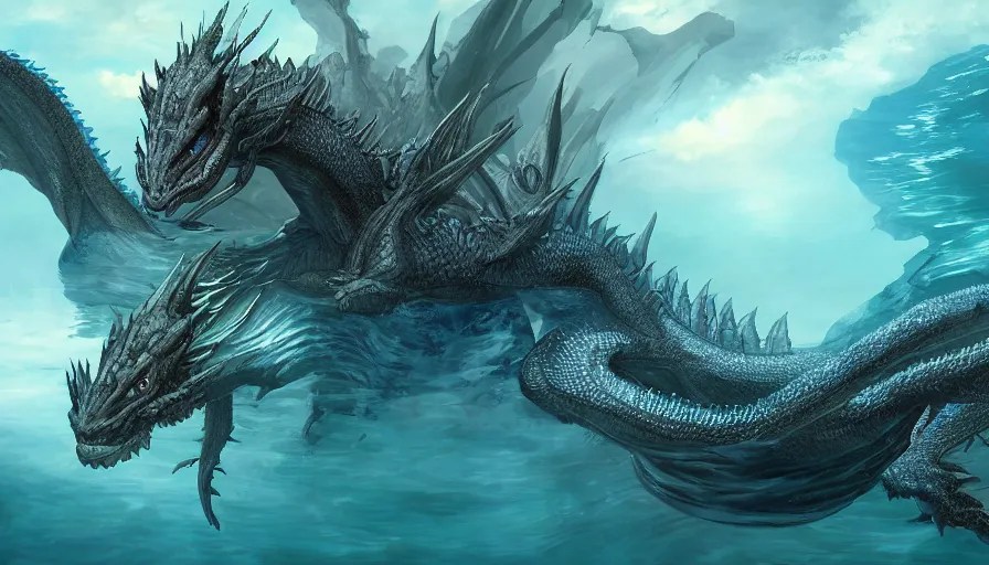 water breathing dragon, wide view, hyperdetailed, Stable Diffusion