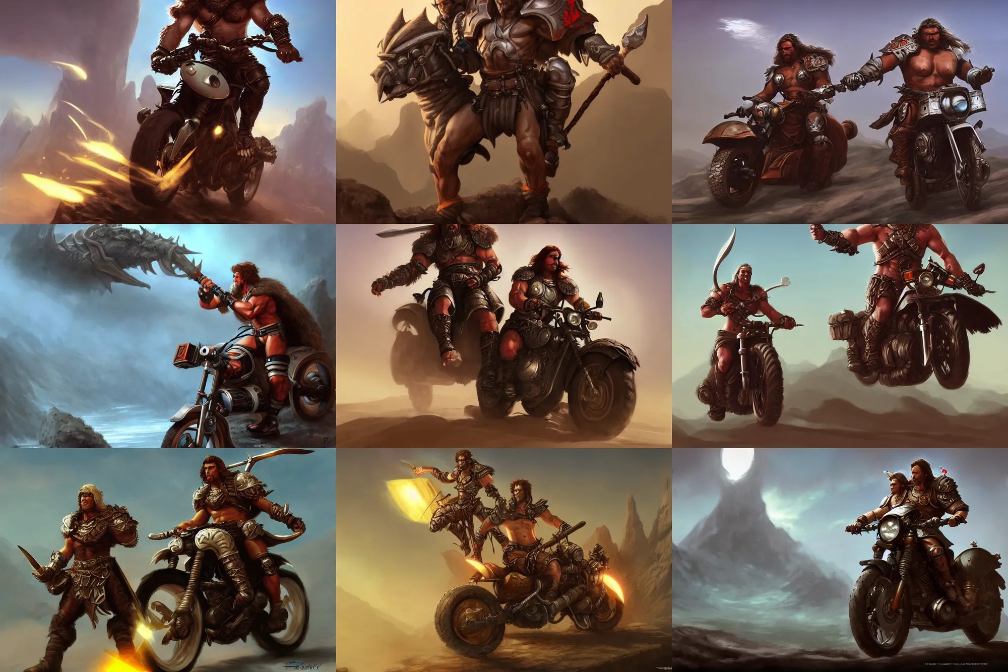 Male barbarian, riding a hitech motorcycle, DND, D&D, Stable Diffusion