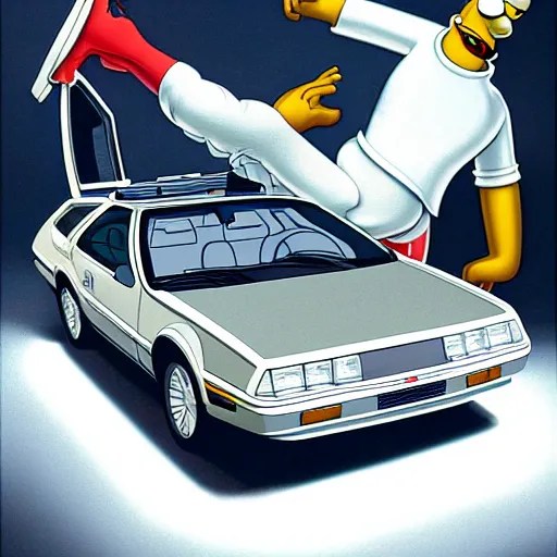 Homer Simpson driving a DMC DeLorean, 80s style, very Stable Diffusion OpenArt