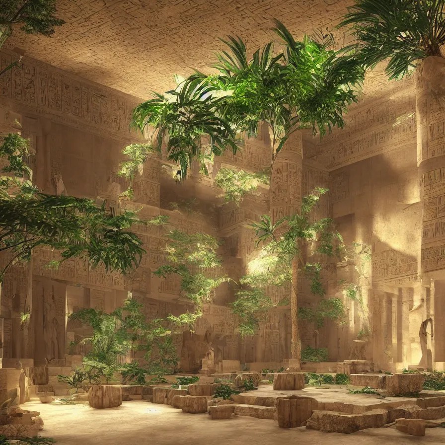 interior of a ancient egyptian palace with plants and Stable Diffusion