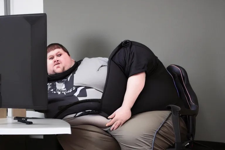 an obese man on a gamer chair, photo, 8K Stable Diffusion