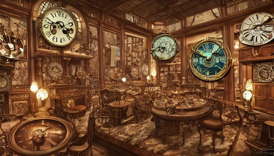 a circular common room full of antique clocks, high Stable Diffusion