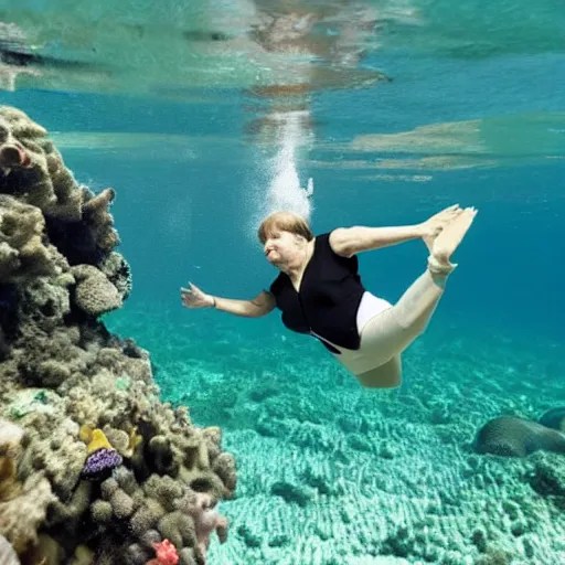 angela merkel under water dives through a coral reef, Stable