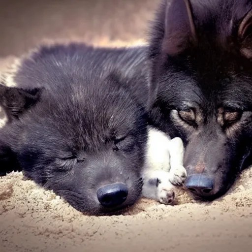 big black wolf with little black wolf puppy, sleeping, Stable