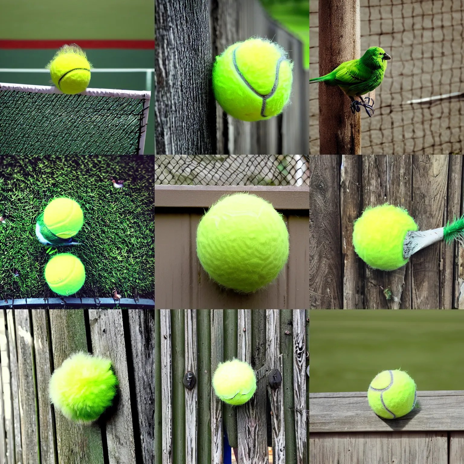 photo of a tennis ball with feathers and bird eyes and Stable