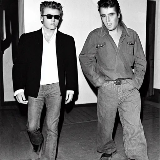 james dean and elvis presley leaving a hotel together Stable Diffusion