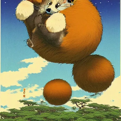 a japanese tanuki flying in the sky with large balls, Stable Diffusion