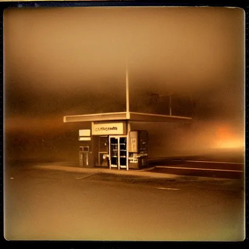 polaroid abandoned gas station, dark moody, foggy, Stable Diffusion OpenArt