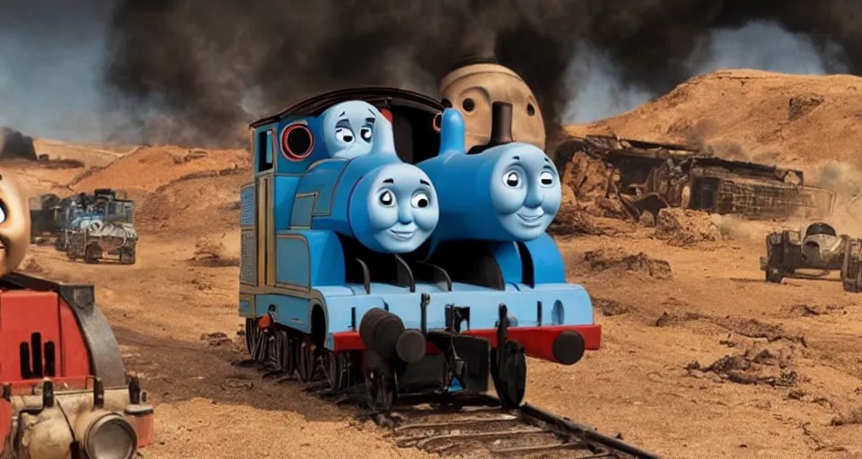 Thomas the Tank Engine in the fiery wasteland of MAD | Stable Diffusion