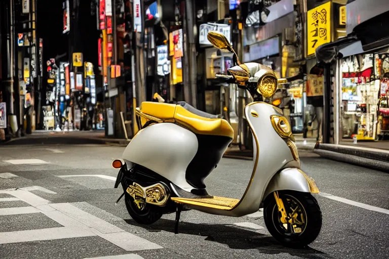 a scooter made of gold in the streets of Tokio at night Stable