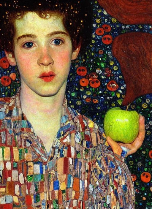 high detailed oil painting boy with apple painted by Stable Diffusion