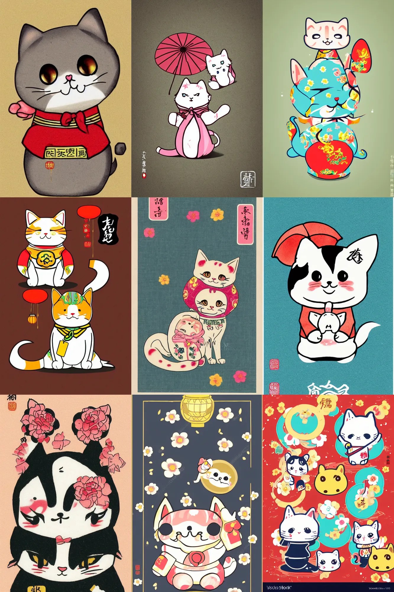 Kawaii illustration a Chinese lucky cat, Japanese chibi Stable Diffusion