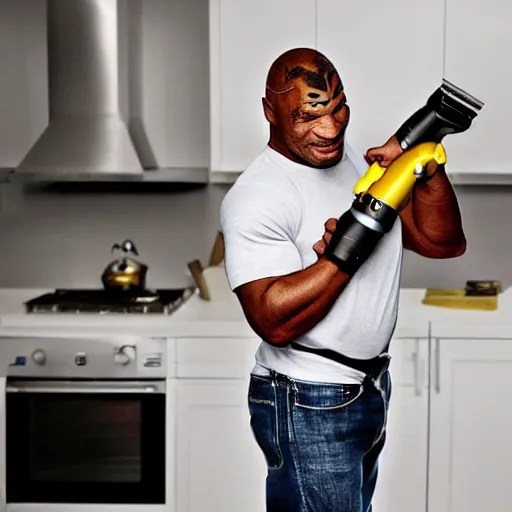 a realistic photography of mike tyson vacuuming his | Stable Diffusion