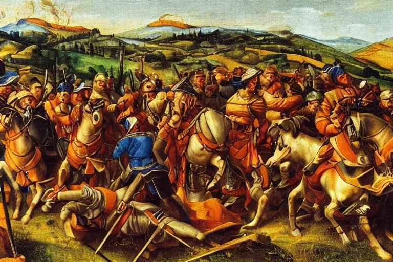 a brutal war between medieval armies on Tuscany hills Stable Diffusion