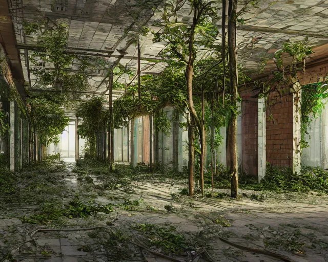 trees growing in an abandoned shopping mall, overgrown Stable Diffusion