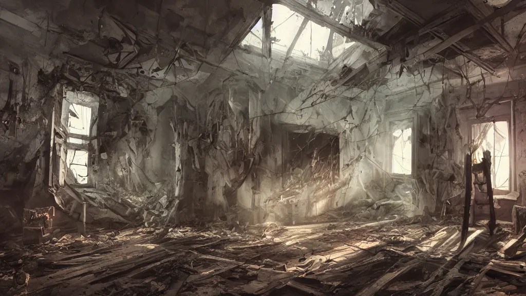 evil inside a scary hunted destroyed house and Stable Diffusion