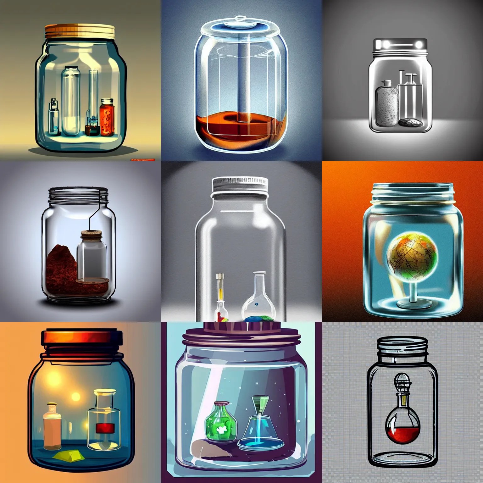 a laboratory, jar on a shelf, inside the jar is a tiny Stable