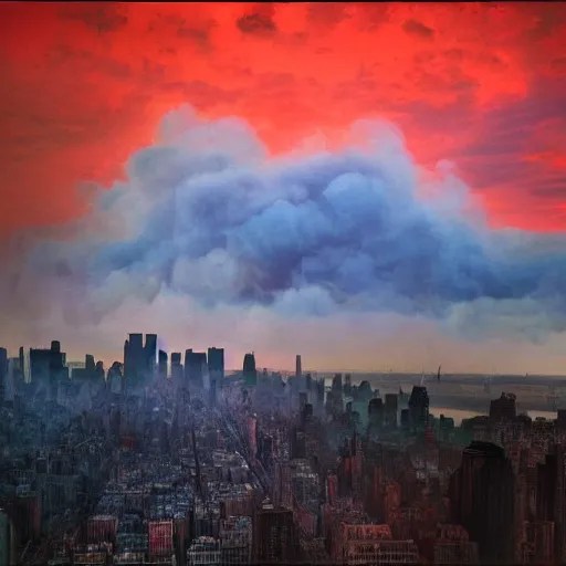dystopian, destroyed new york city, real, blue sky, Stable Diffusion