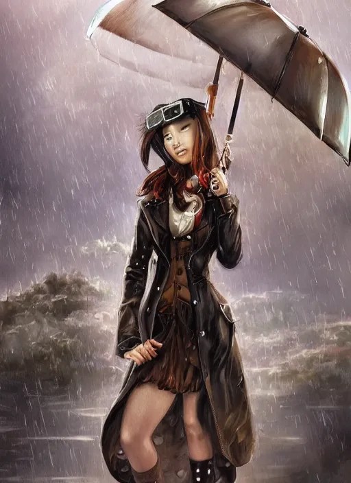 girl, steampunk, goggles, pilot, standing in the rain Stable