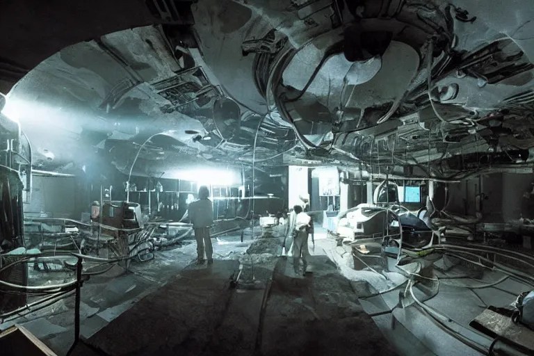 Underground lab with scientists, aliens, cinematic Stable Diffusion