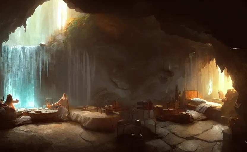 painting of an interior of a cozy bedroom in a cave, Stable Diffusion