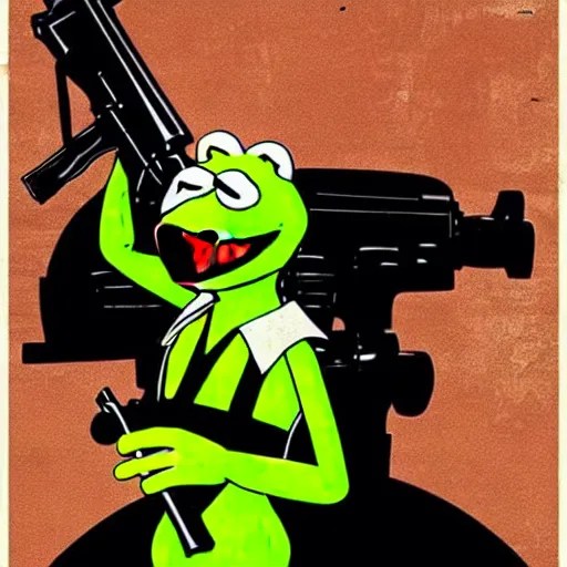 Kermit holding a Kalashnikov rifle, side profile, two Stable
