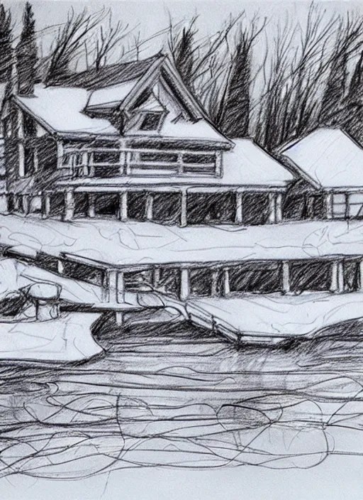a lake house in winter, loose pencil sketch, sketchy, Stable