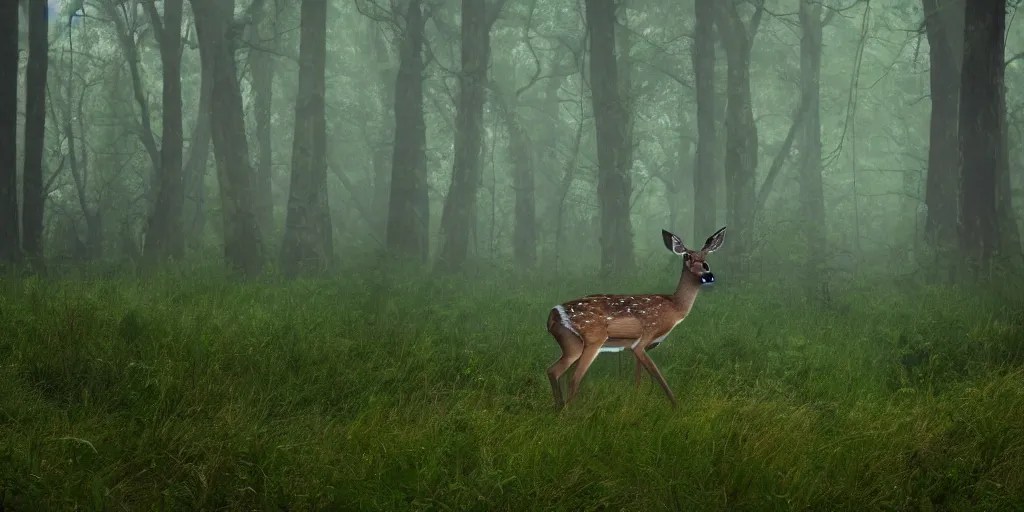 a misty forest scene, lush. a startled deer is Stable Diffusion OpenArt