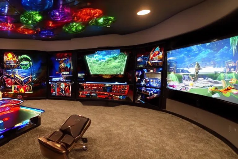 a photo of a large, luxury gaming room with all the Stable Diffusion