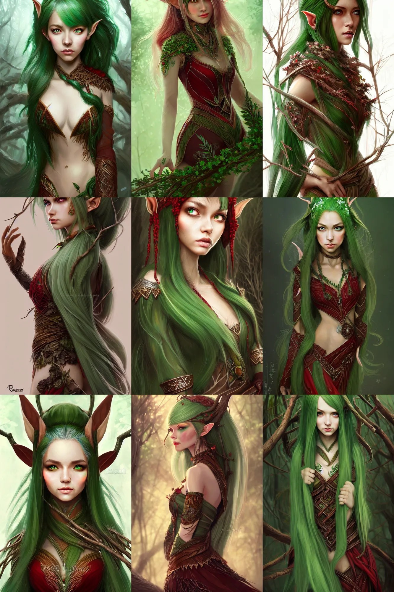beautiful wood elf, female, green hair, brown skin, Stable Diffusion