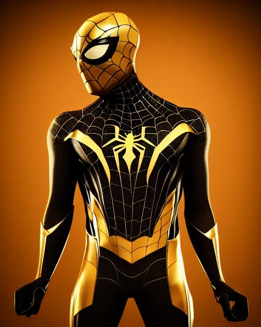 photograph of a black and gold suit spider man, Stable Diffusion