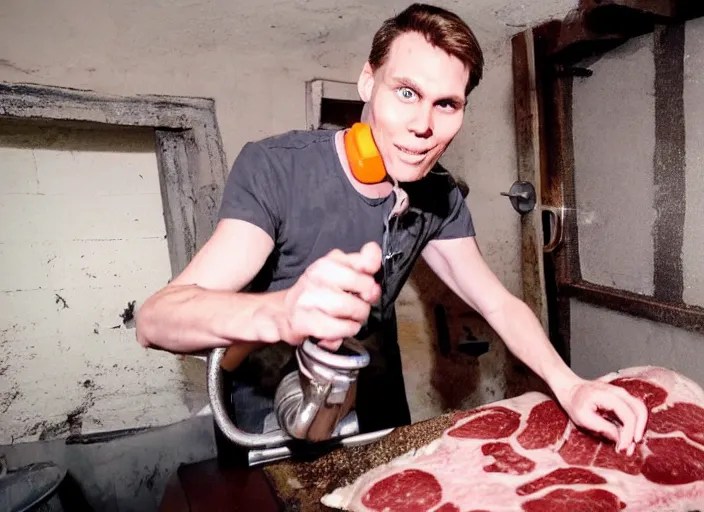 Jerma putting a person in a meat grinder in a basement Stable Diffusion