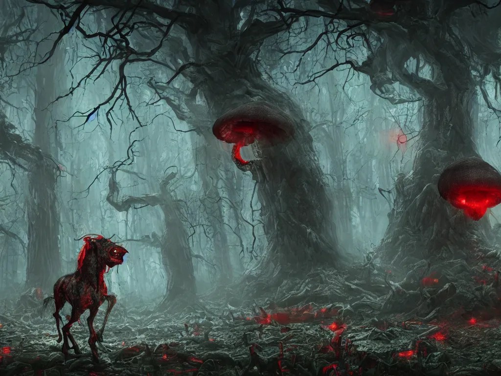 Evil zombie horse with red eyes, in a dark toxic Stable Diffusion