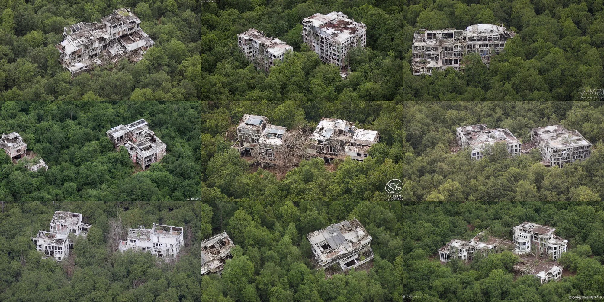 aerial view of an Abandoned Glass Mansion, located Stable Diffusion