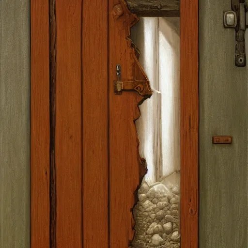 a wooden door broken in half with an axe, by Gerald Stable Diffusion