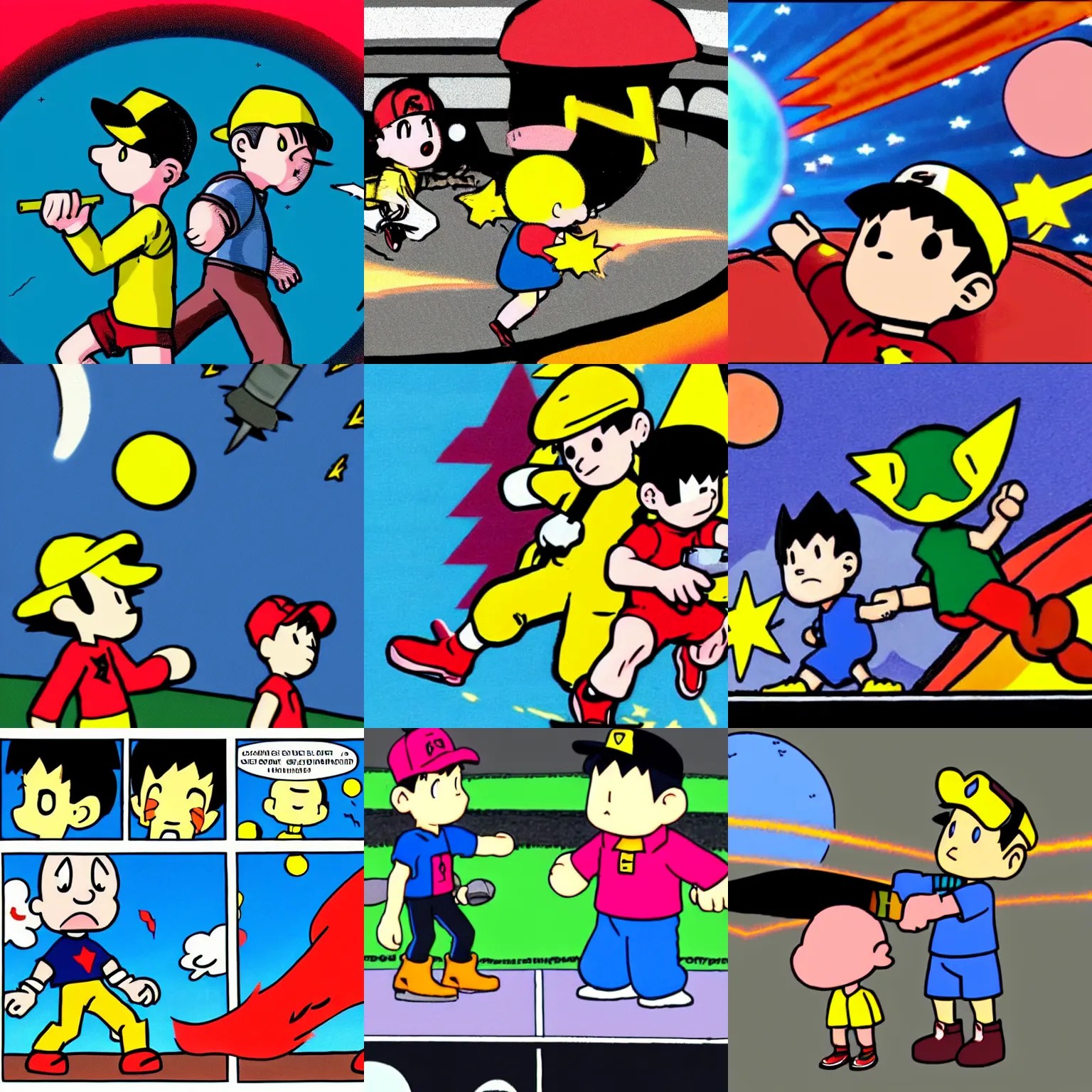 ness from earthbound battling with a starman from Stable Diffusion