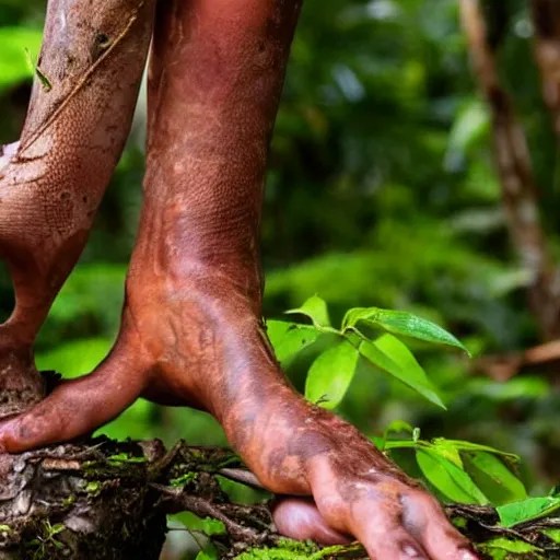 Remote amazon tribe with hands as their feet climbing Stable Diffusion
