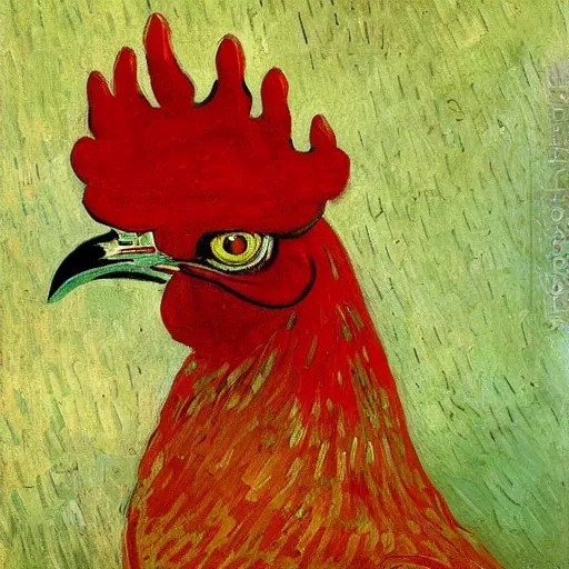 bright red oil painting of a rooster, Vincent van Gogh Stable Diffusion