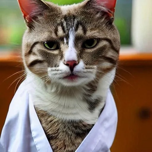 a cat staring forward in concern wearing a lab coat Stable Diffusion
