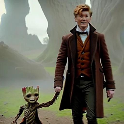 newt scamander walking hand in hand with baby groot Stable Diffusion