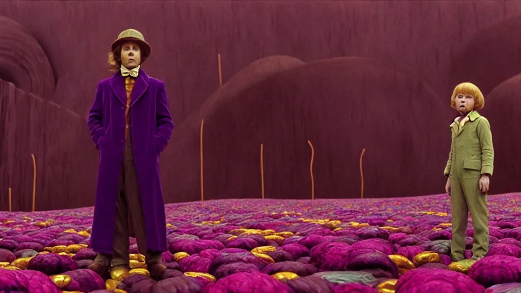 Charlie in Willy Wonka’s chocolate factory, film still Stable Diffusion