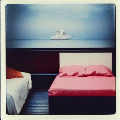 grainy Polaroid film photograph of an empty bed with Stable Diffusion